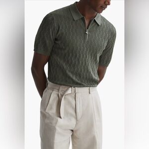 REISS UBUD HALF-ZIP TEXTURED POLO T-SHIRT SAGE GREEN